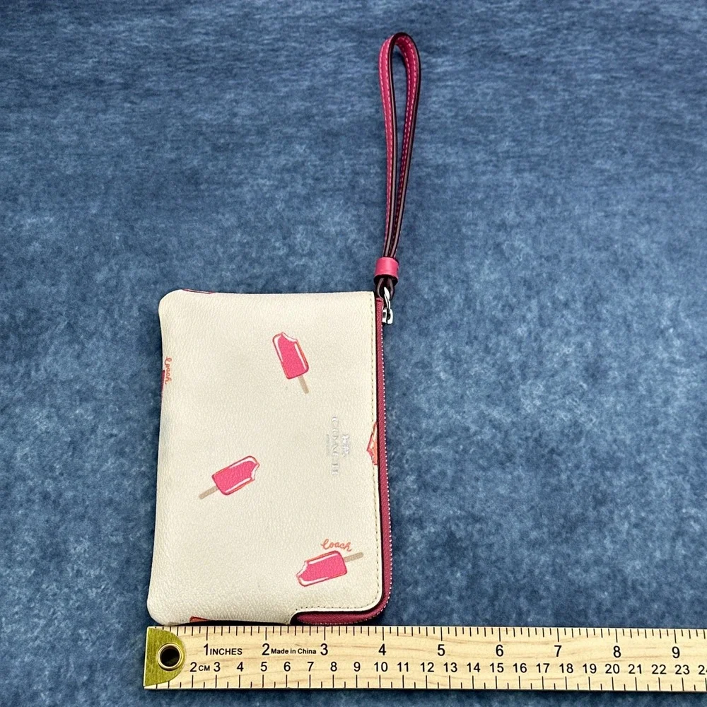 Coach Corner Zip Wristlet Chalk Pink Popsicle Print Leather Wallet C4555